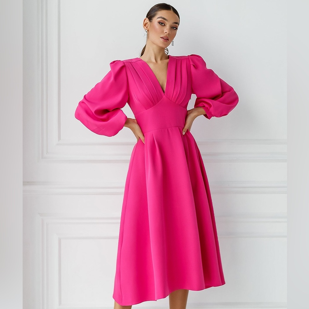 Crimson V-Neck Puff-Sleeve Midi Dress
